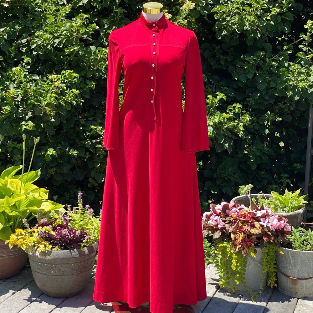 Vintage Union Made in USA Red Housedress Maxi Mod Romantic Bell Sleeve - L